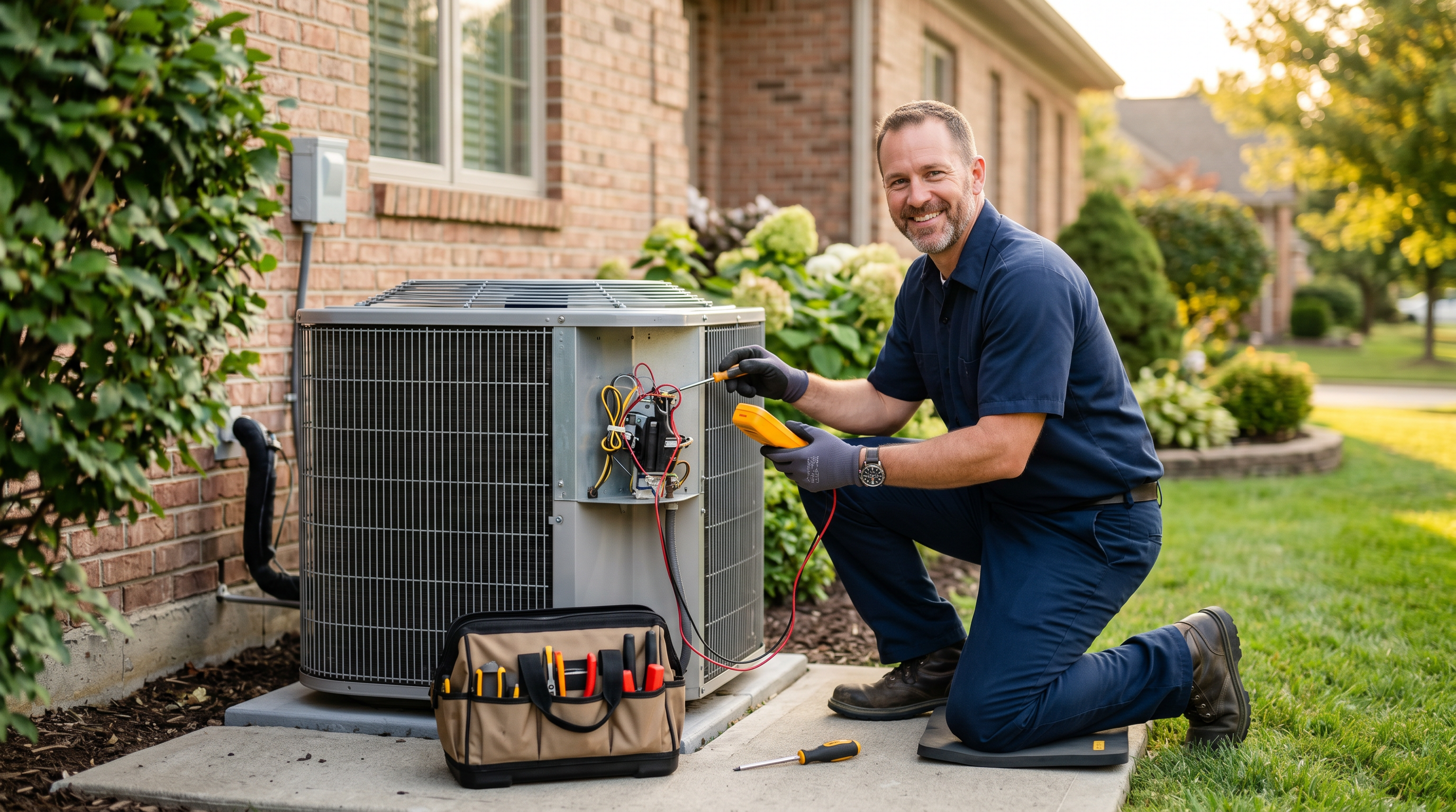 TL Services technician performing maintenance on a residential HVAC condenser